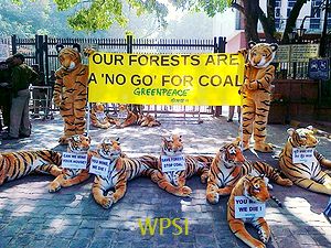 Greenpeace ‘tigers’ demonstrate outside the Coal Ministry at Shastri Bhavan, in New Delhi, 30 November 2011